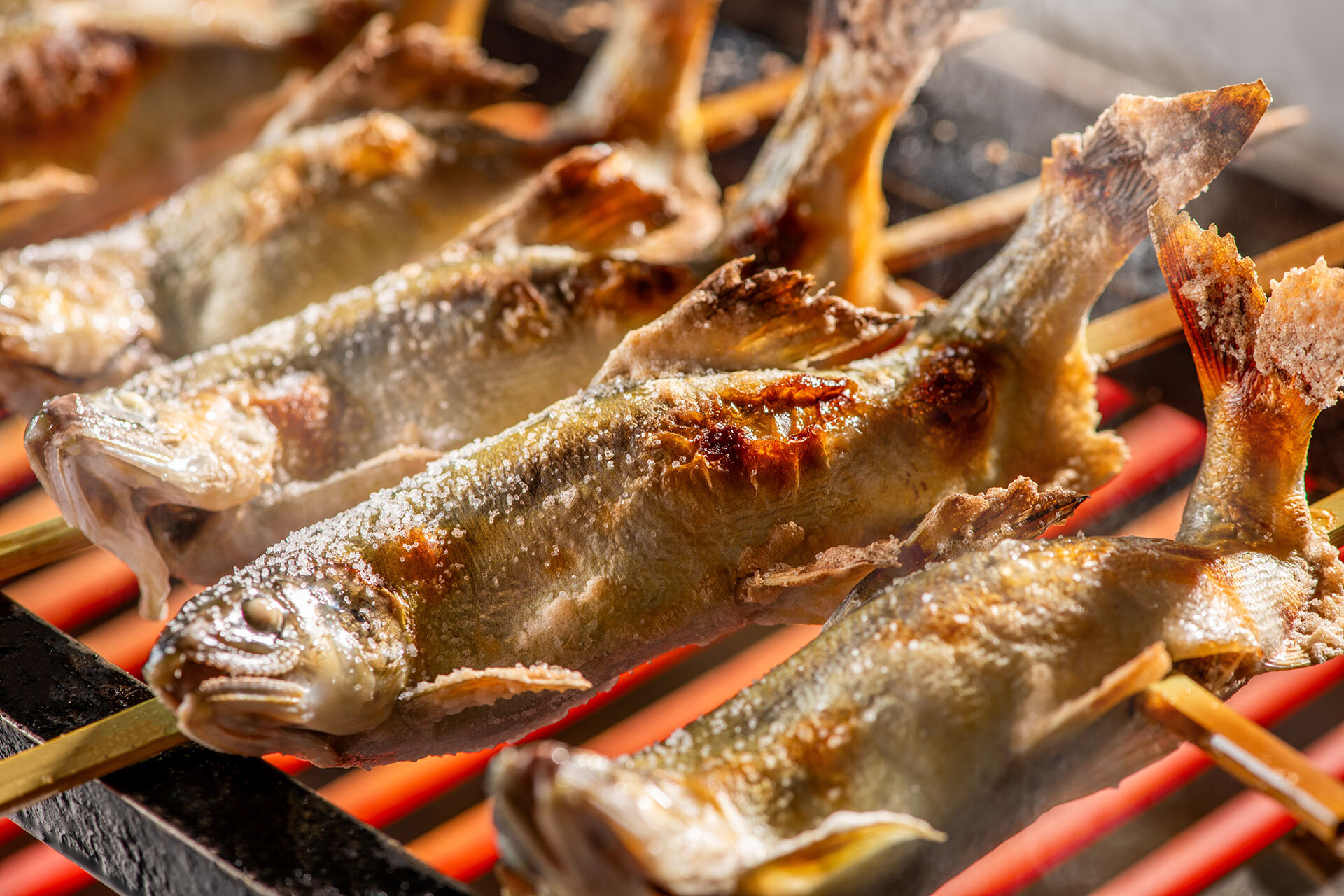 「虹鱒の串焼き」を囲炉裏焼き風に